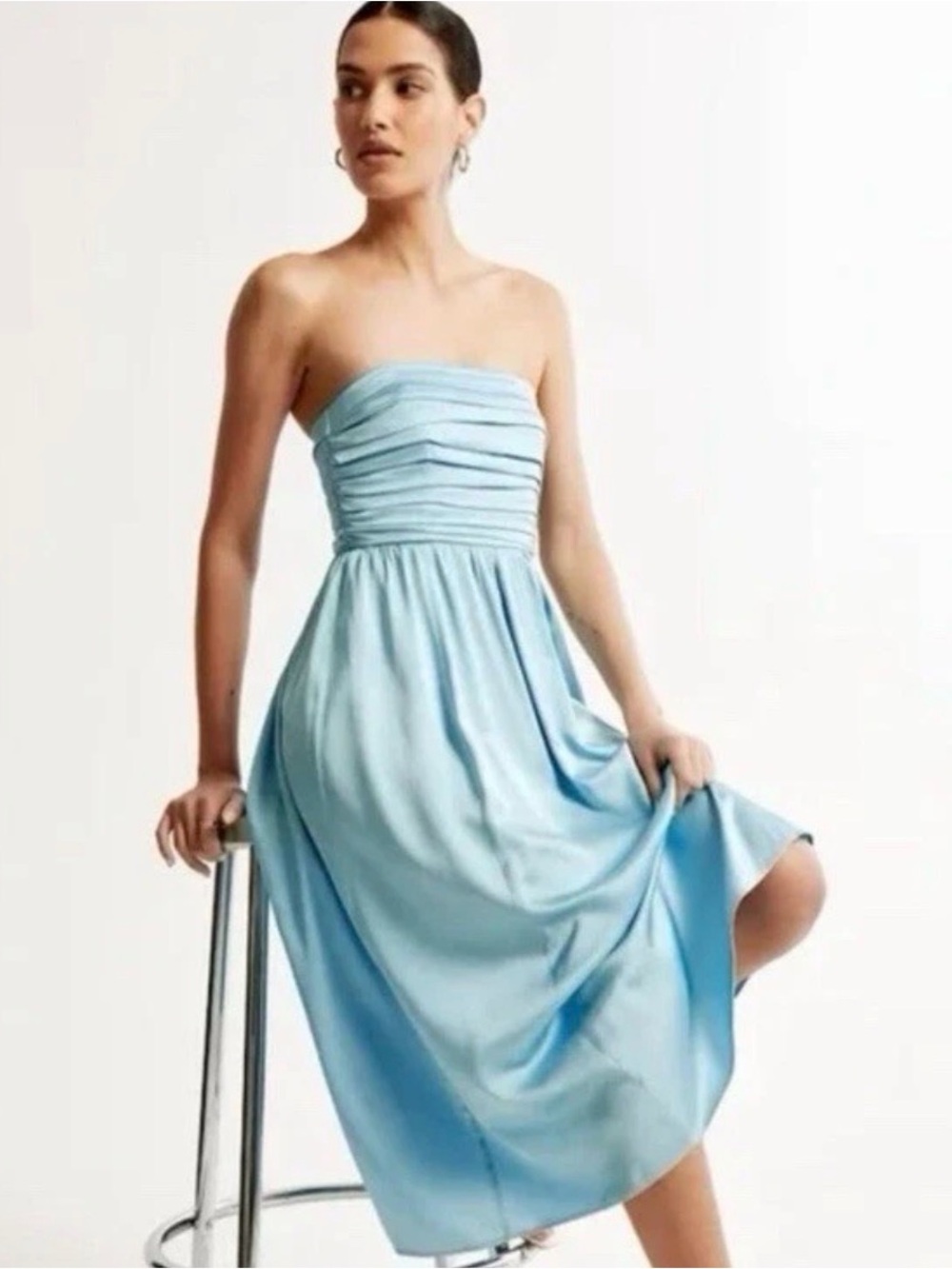 Abercrombie Satin Emerson Ruched Strapless Midi Dress Light Blue Sz Small